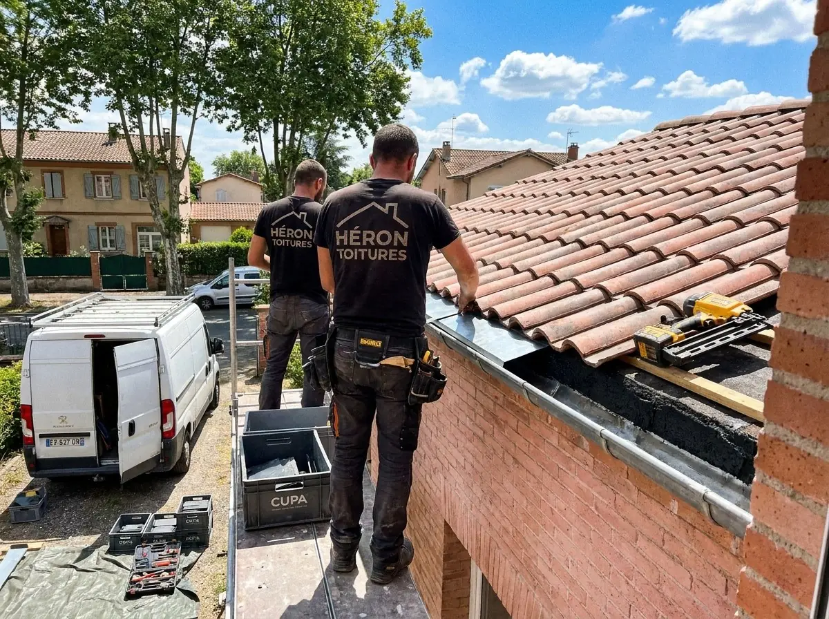 Deux couvreurs Héron Toitures sur un échafaudage posent une bande de zinc au bord d'un toit en tuiles canal, maisons de Saint-Jean et platanes en arrière-plan